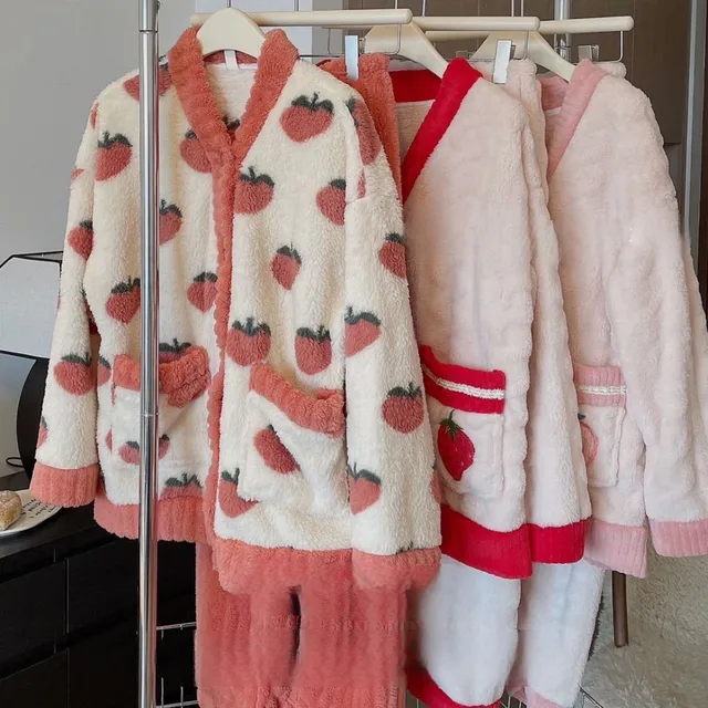 Ensemble de pyjama en velours imprimé Harvey pour femme, vêtements de nuit chauds, vêtements de nuit moelleux, sourire, maison, sommeil imbibé, coréen, hiver, 2 pièces 1