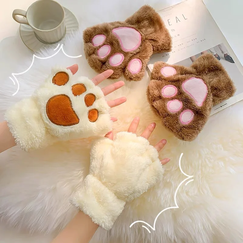 

2023 Cartoon Cat Paw Gloves Men and Women Winter Cute Gloves Girls Exposed Finger Thick Warm Bear Paw Plush Half Finger Gloves