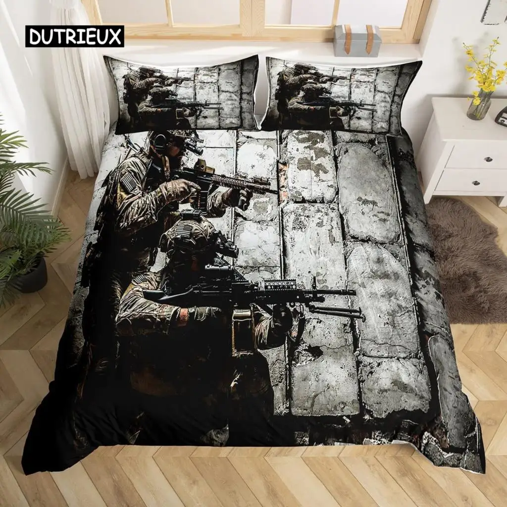 

Soldier Duvet Cover Set Army Rifle Machine Gun Bedding Set for Boys Under Mission Army Bedclothes Military Polyester Quilt Cover