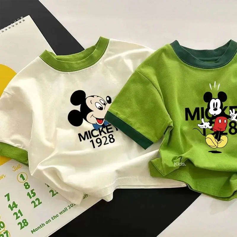 Детская одежда Disney Mickye Mouse, летняя футболка контрастных цветов с коротким рукавом для маленьких мальчиков и девочек, детский удобный пуловер, топы 
Детская одежда Disney Mickye Mouse, летняя футболка контрастных цветов с коротким рукавом для маленьких мальчиков и девочек, детский удобный пуловер, топы
