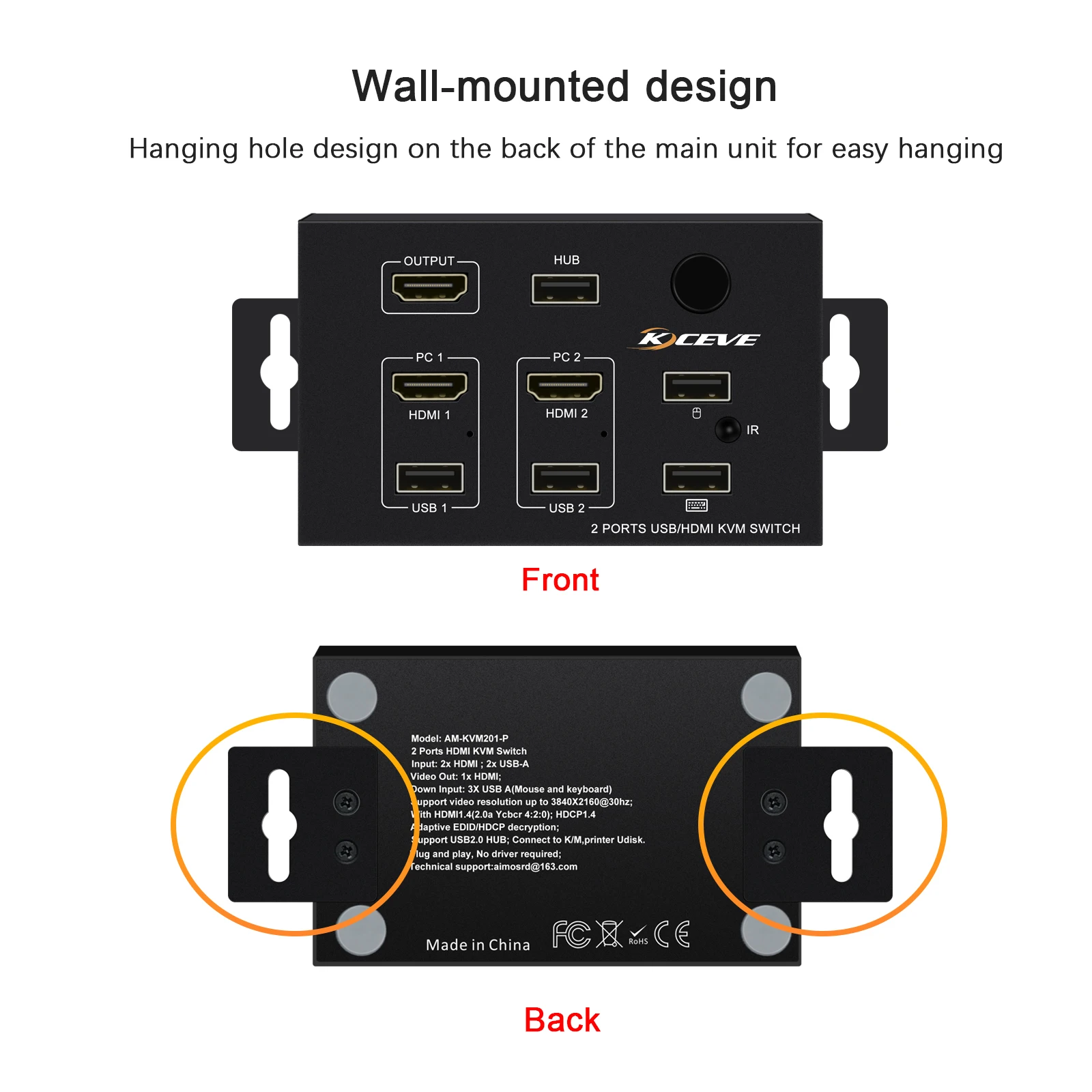 

Wall-Mounted 2 In 1 Out USB HD KVM Switch Box for 2PC Sharing Keyboard Mouse Printer Plug Paly Video Display USB Swltch Splitter