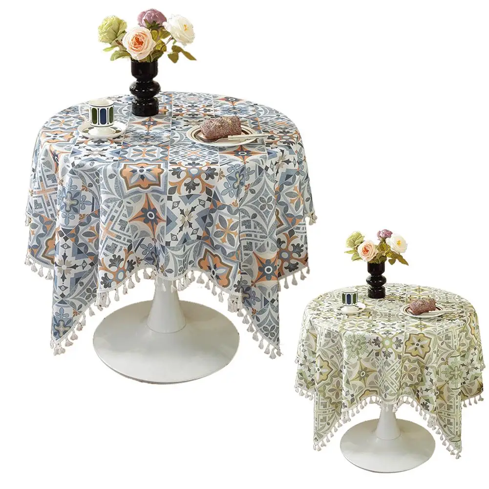 

Reusable Tablecloths Table Cloth With Tassels Waterproof Dustproof Geometry Pattern Table Cover For Round Tables