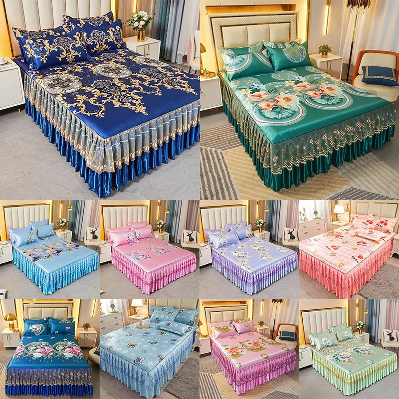 

3 Pcs Plush Winter Warm Bedspread on The Bed Thickened Bed Skirt-style Embroidery Cotton Quilt Bedding Cover with Pillowcases