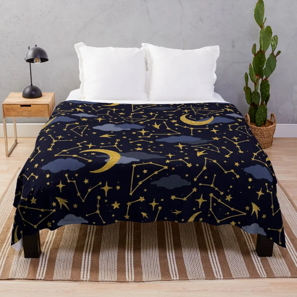 

Celestial Stars and Moons in Gold and Dark Blue Throw Blanket Microfiber Blanket Fleece Bkanket Crochet Crochet