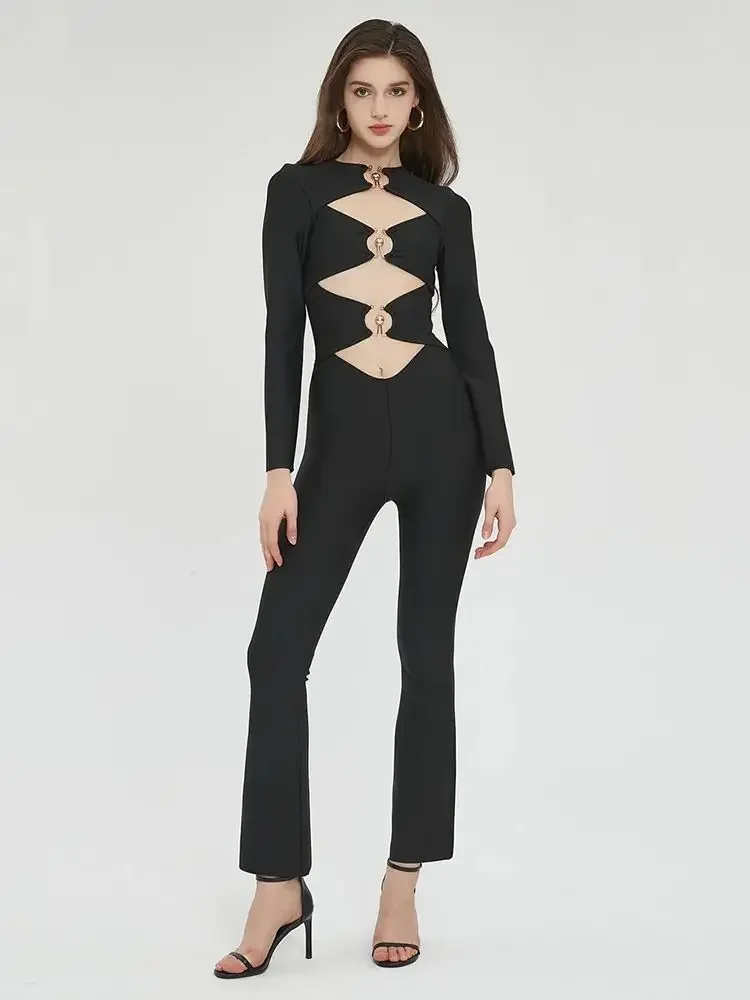 

BEVENCCEL 2023 New Women Long Sleeve Sexy Round Neck Hollow Tight Bandage Jumpsuit Sexy Metal Ring Club Evening Elegant Clothing