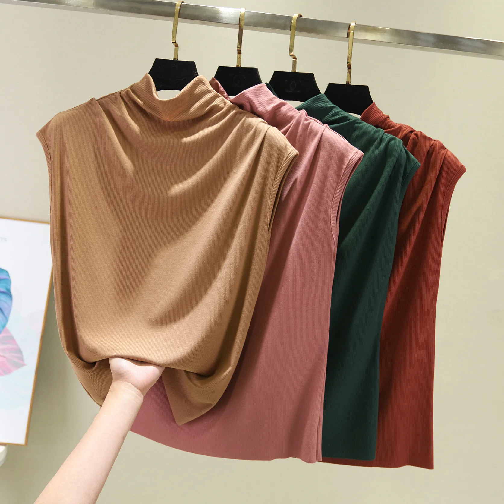 

Girls Turtleneck Female Tee Shirt Sleeveless T-shirt Modal Tops Summer High Collar Undershirt Korean Loose Casual Women Tshirt
