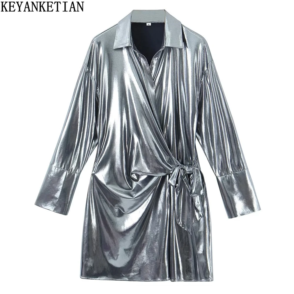 

KEYANKETIAN spring new silver coating texture asymmetric knot decoration lace-up long-sleeved dress shirt-style MIDI skirt