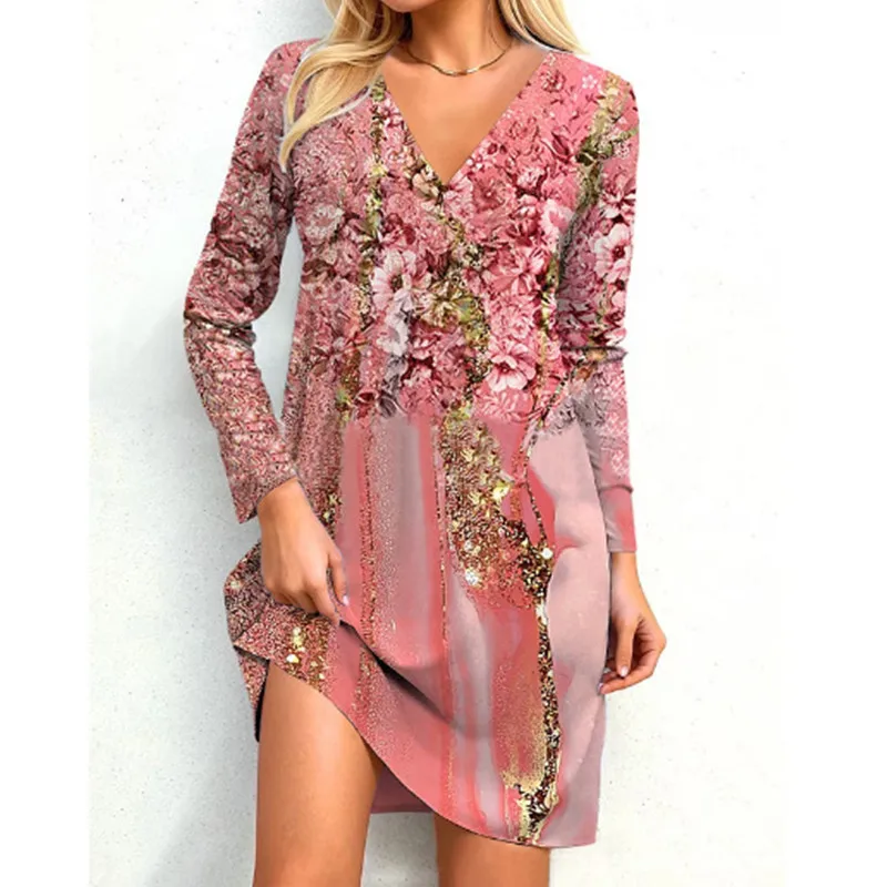 

2023 Autumn/Winter Positioning Print Spliced V-Neck Long Sleeve Dresses For Women Casual Loose Bohemian Pullover T-shirt Dress
