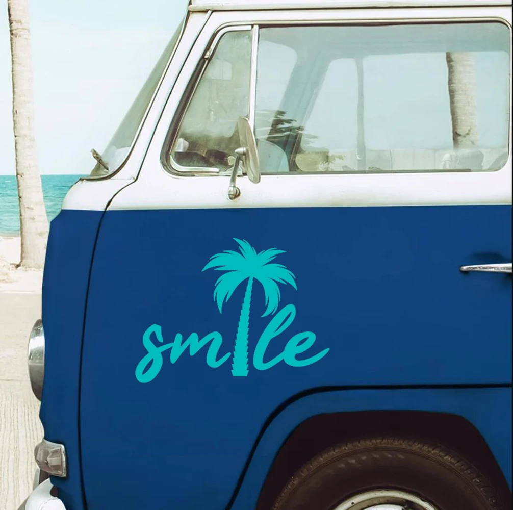 

Smile Palm Tree Beach Decal Sticker Camper Caravan Suv Truck Door Windows Decor Stickers Racing Waterproof Vinyl Accessorie