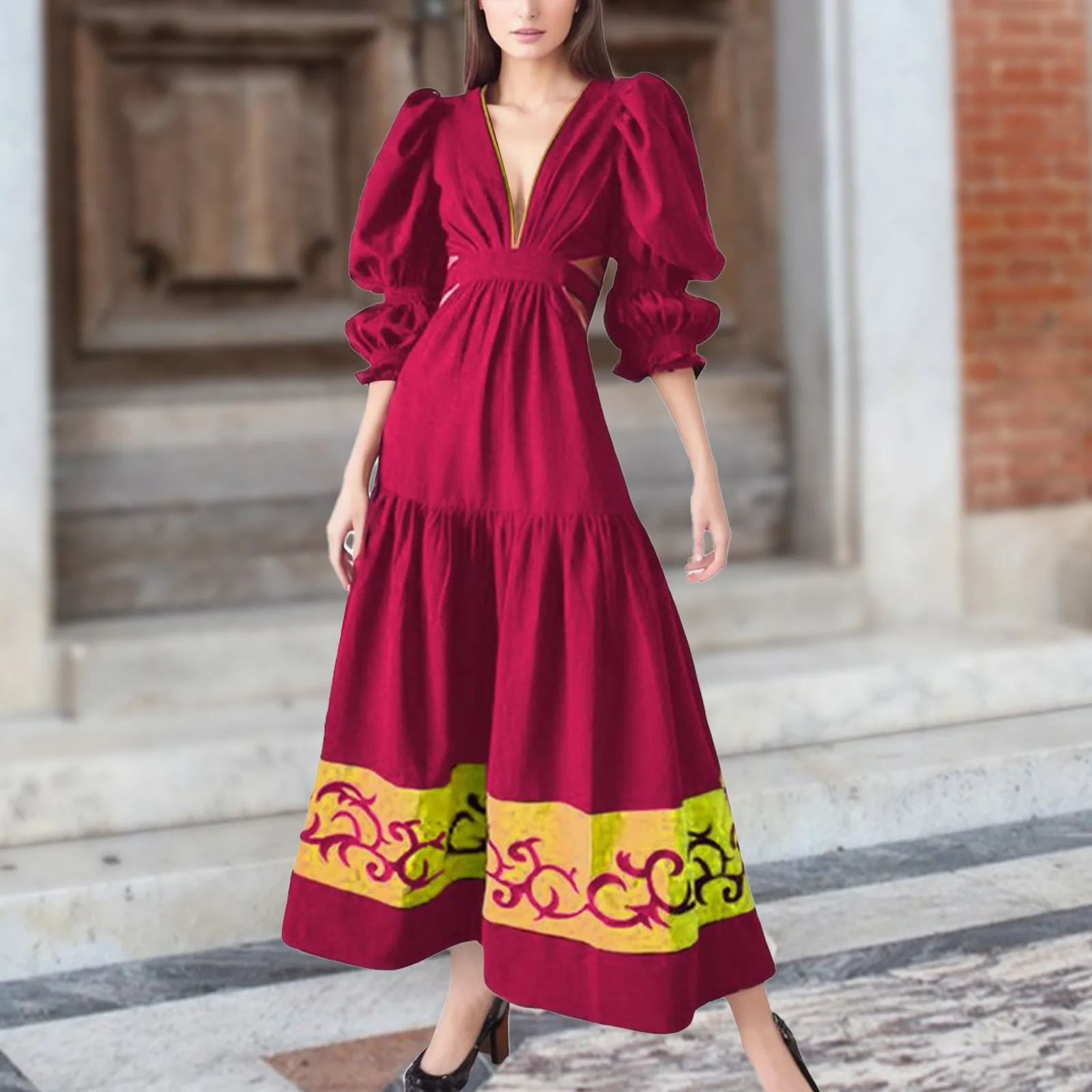 New Womens Summer Maxi Dress Solid Color Puff Half Sleeve V-Neck Elastic Waist Fashion Dress Club Street Style Hot Female Robe
New Womens Summer Maxi Dress Solid Color Puff Half Sleeve V-Neck Elastic Waist Fashion Dress Club Street Style Hot Female Robe
