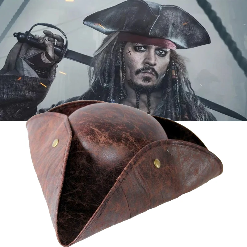 

Movie Pirates of The Caribbean Jack Sparrow Jackie Cosplay Hats Unisex Brown Leather Pirate Tricorn Cap Halloween Costume Props