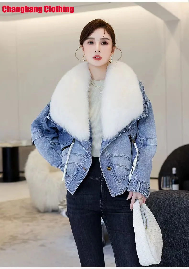 

2023 Winter Women's New Luxury Natural Fox Fur Large Collar Goose Down Denim Down Coat Short Warm Casual Coat