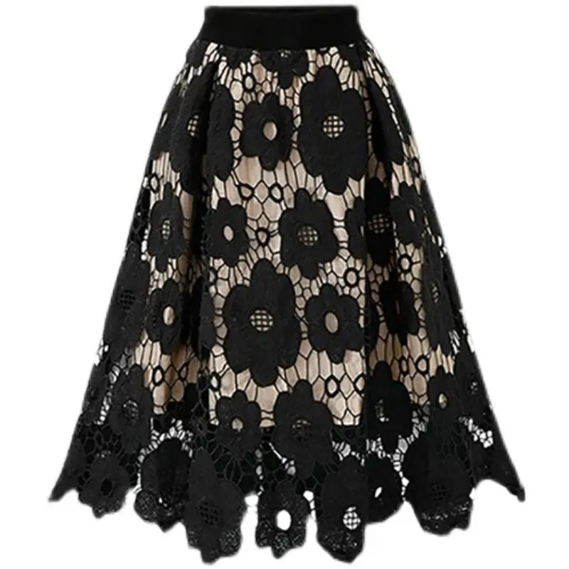 

Women Sexy Hollow Lace Irregular High Waist Party Skirts Summer Elegant Fashion Fairy Black Green A-line Midi Skirt Falda Mujer