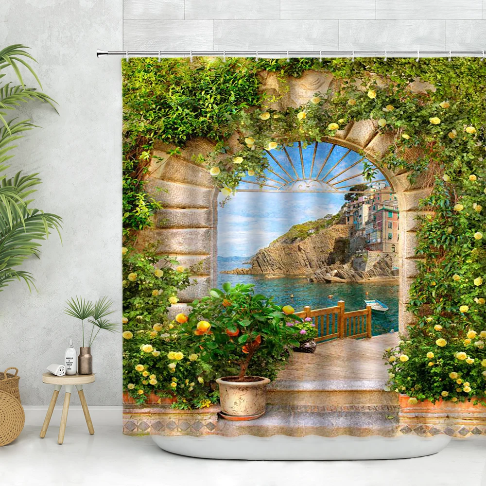 

3D European Landscape Shower Curtain Plant Flower Green Leaves Island Town Nature Scenery Bathroom Bathtub Hanging Curtains Set