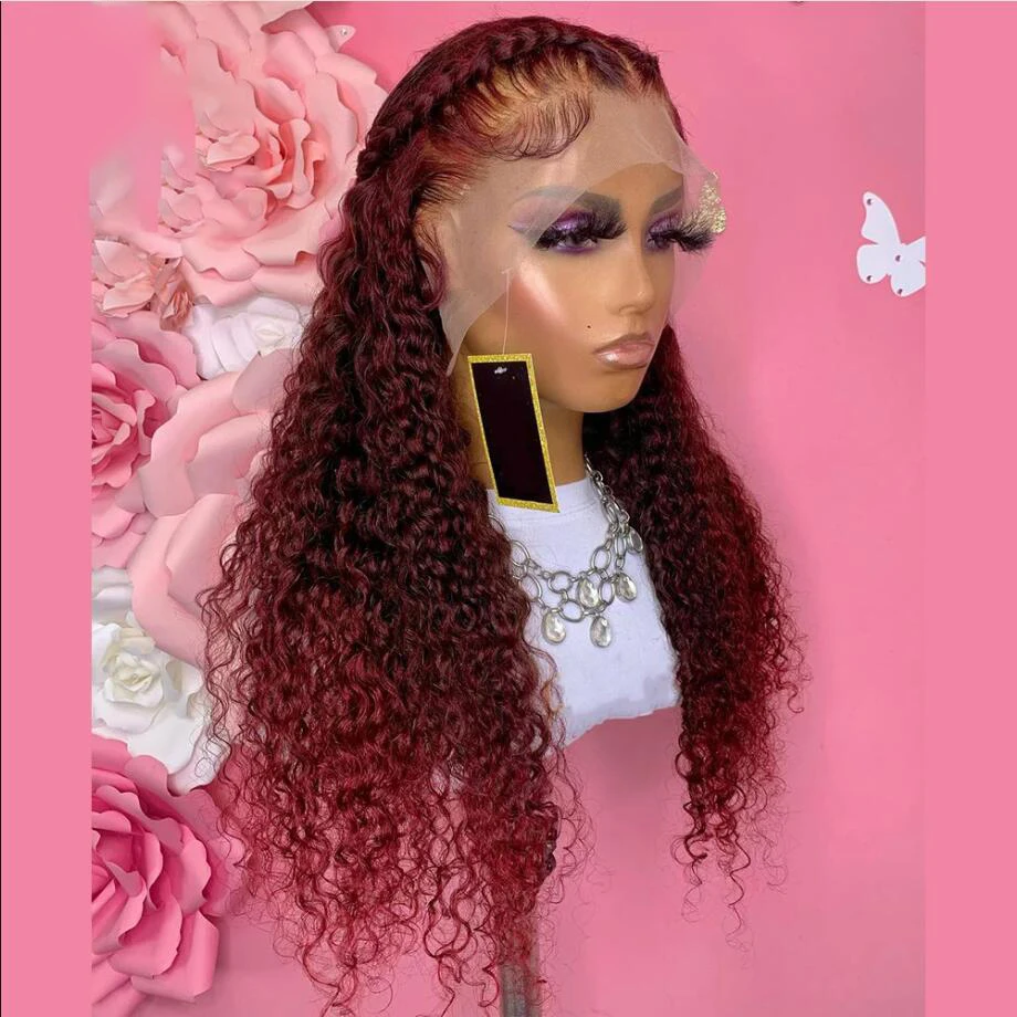 

Soft Glueless Burgundy 26Inch Long 99j Kinky Curly Lace Front Wig For Black Women BabyHair 180%Density Preplucked Daily Cosplay