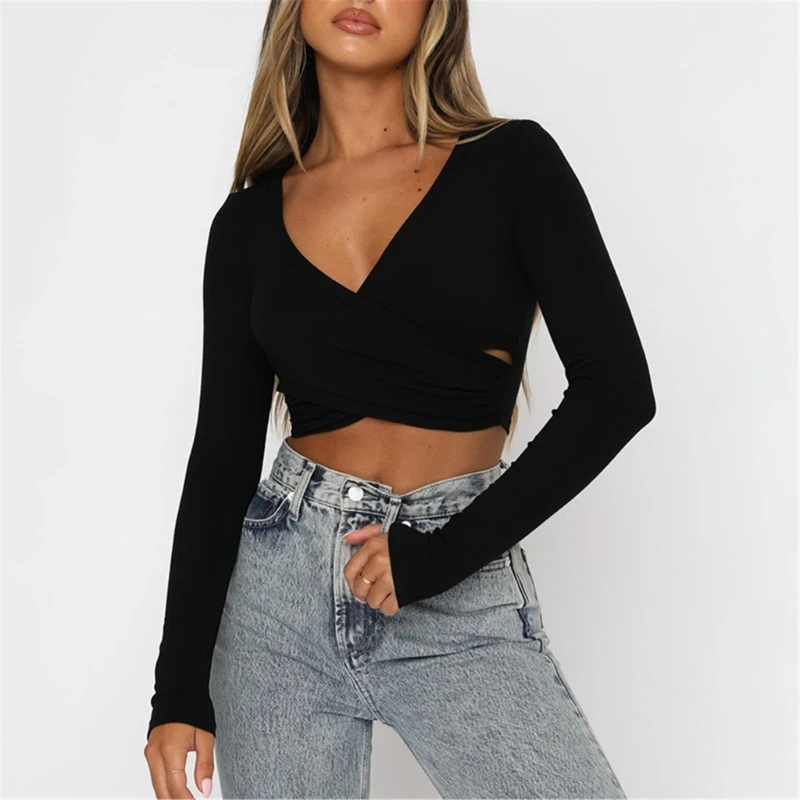 

Trendy V neck Spliced Form fitting Long Sleeve Crop Tops for Women Exposed Navel Shirts