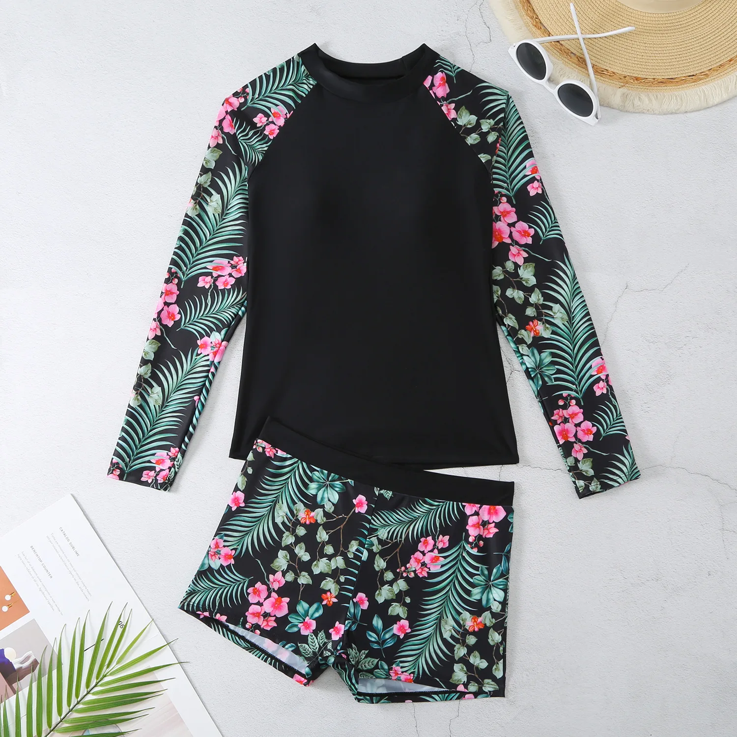 

Women Tropical Print Tankini Sets High Waist Swimwear with Shorts Two Pieces Swimsuit Trunks Bathing Suit Long Sleeve Beachwear