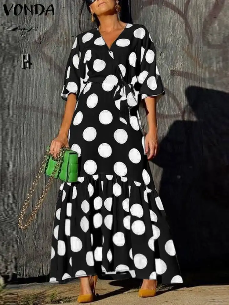 

Plus Size 5XL VONDA Bohemian Printed Maxi Dress Summer Women V-neck Long Sleeve Polka Dot Long Sundress Belted Loose Vestidos