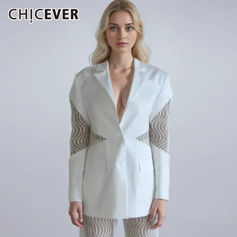 

CHICEVER Patchwork Lace Hollow Out Blazers For Women V Neck Long Sleeve Single Breasted Casual Fashion Solid Blazer Female New