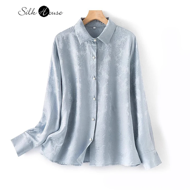 

2024 Women's Spring New 100% Natural Mulberry Silk Jacquard HuaLuo Long Sleeved Square Neck Simplicity Commuter Office Shirt