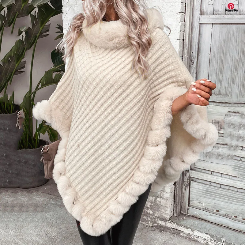 

Fashion Plaid Stripes Faux Fur Pullover Cape Coat Women Autumn Winter Knit Poncho Cloak Wraps Travel Leisure Party Shawl