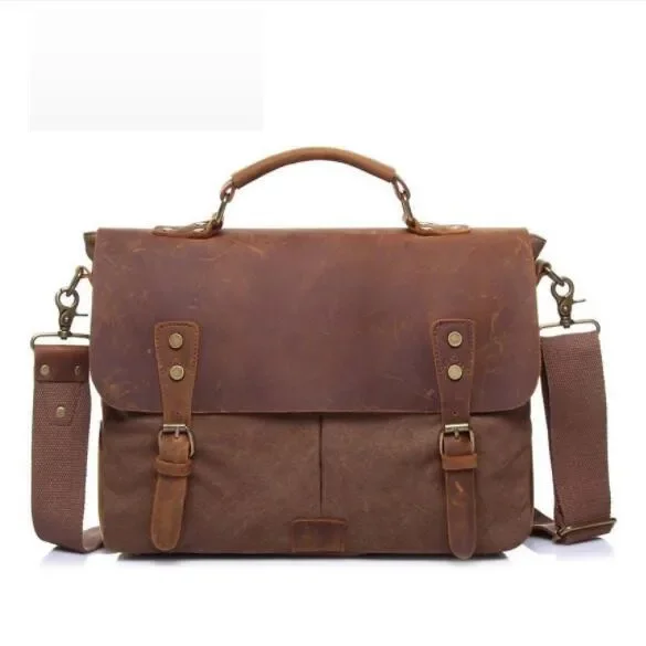 

Vintage Crazy Horse Leather Canvas Messenger Bags Laptop Briefcase Crossbody Satchel Bag handbag men bags bolsas para hombre sac