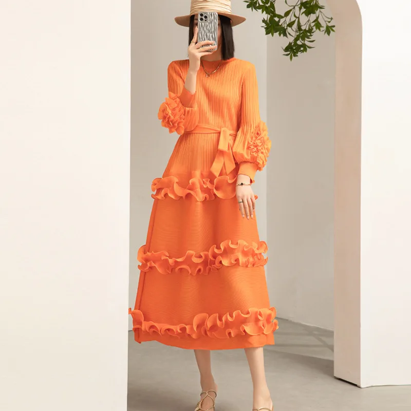 

Miyake Elegant Women Pleated Dress O Neck 3D Floral Long Sleeves Fungus Spliced Design A-line Dresses Fashion Party New