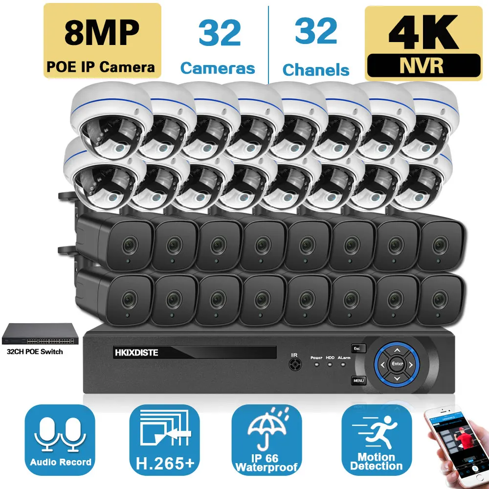 

32CH 4K NVR HD POE Kit Outdoor CCTV Security System 8MP Metal POE IP Bullet Dome Camera Video Surveillance System Kit XMEYE 24CH