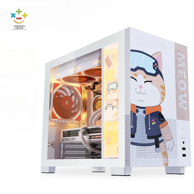 

Youth Edition Orange Cat Customized Side Transparent Desktop Computer Main Box Supports mATX/240 Water Cooled Case Cartoon