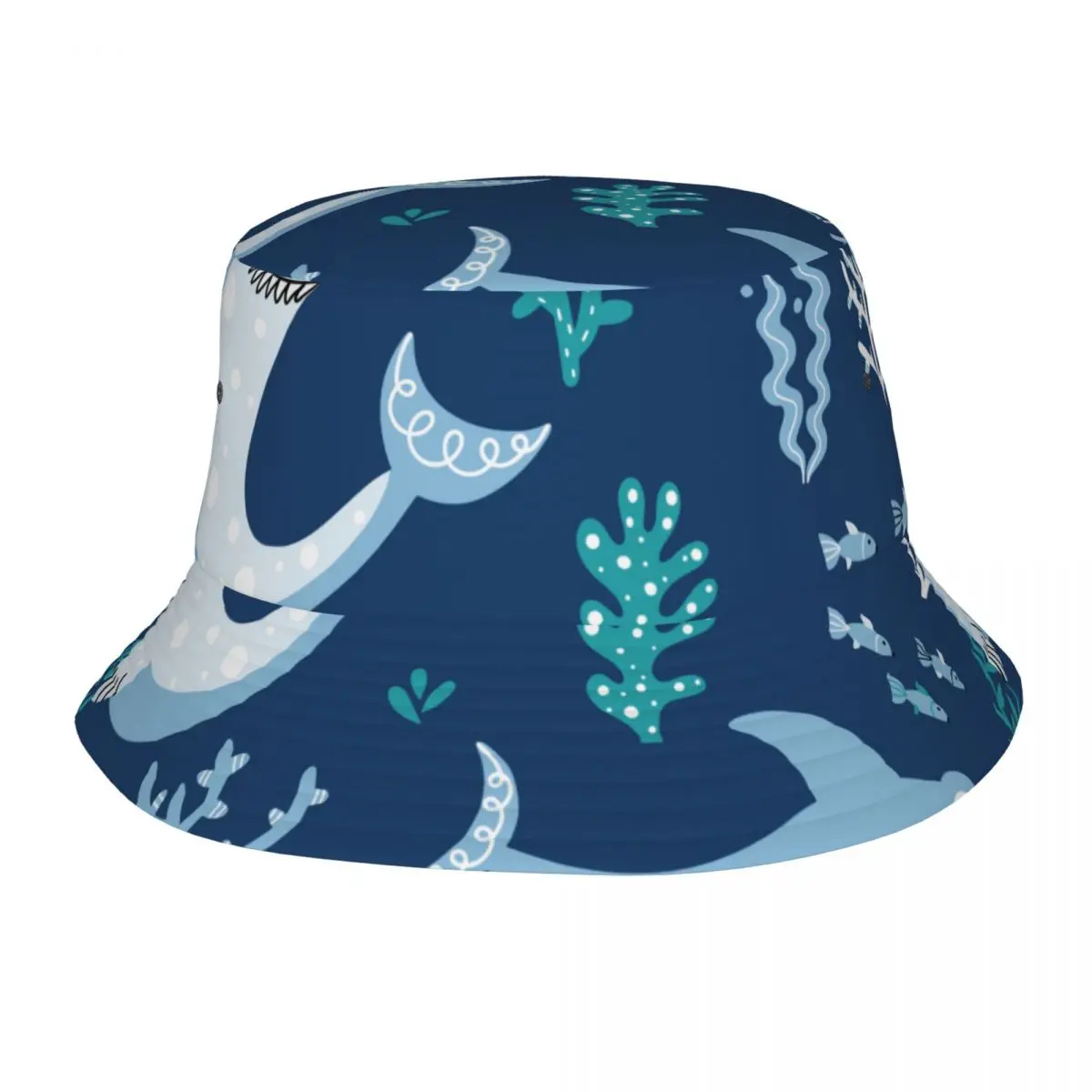 

Summer Cartoon Sharks And Fishes With Sea Plants Bucket Hat Bob Fisherman hat Outdoor Travel Sun Visor Fashion Panama