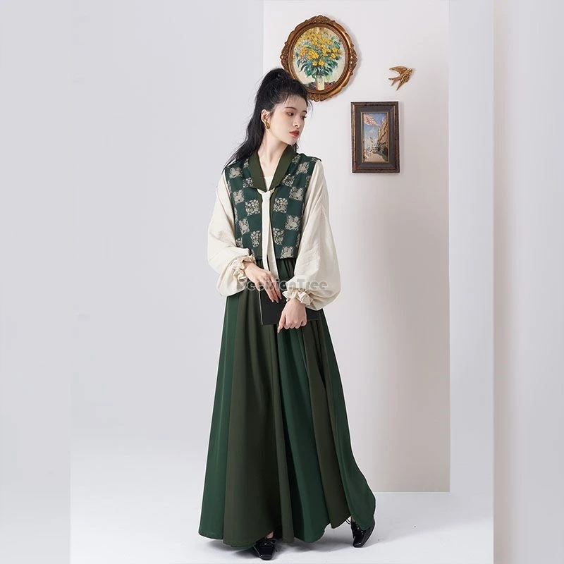 

2024 autumn new retro chinese improved tang dynasty hanfu chinese daily fashion casual long sleeve blouse dress 3 piece set w163