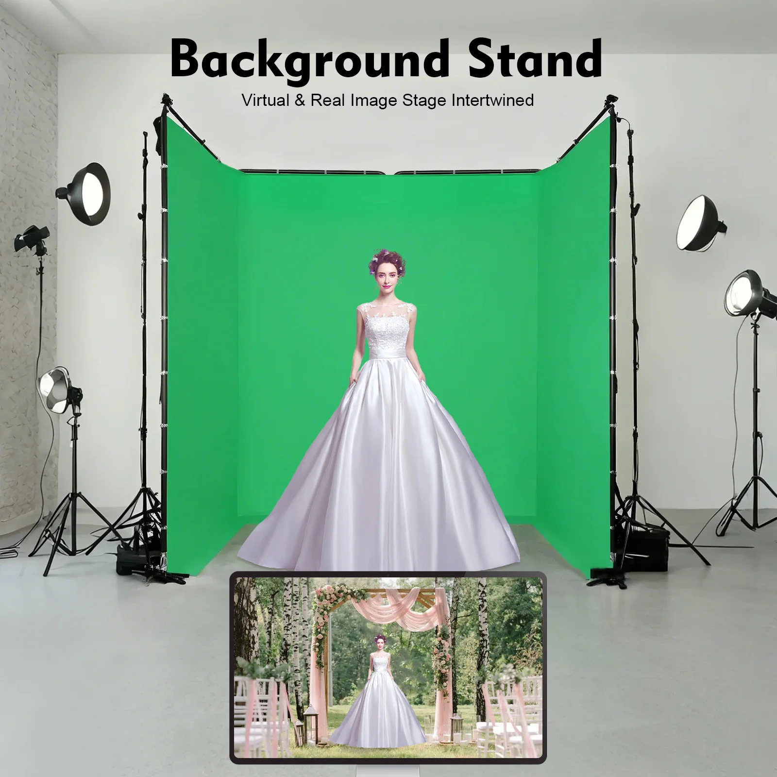 4x2.4-meter Photography Backdrop Stand with Green Cloth Quadruple Screen Background Bracket for Live Videos Interviews Parties 4x2.4-meter Photography Backdrop Stand with Green Cloth Quadruple Screen Background Bracket for Live Videos Interviews Parties