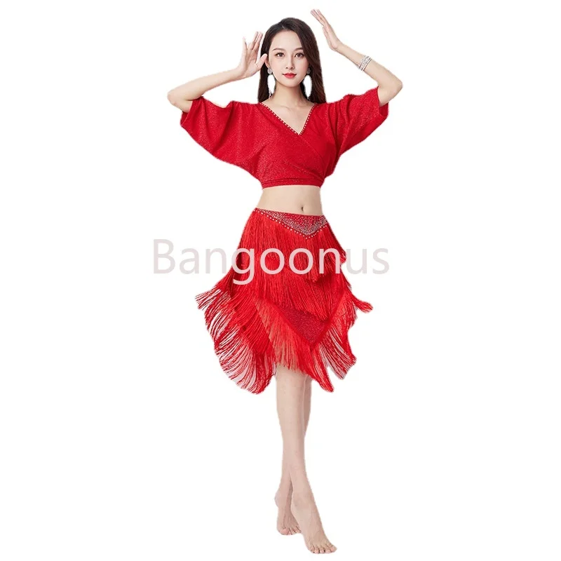 

New Women V-neckline Women Dance Clothes Salsa Samba Outfit Plus Size Top Spandex Latin Fringes Skirt 2 Pieces Set Costume Set