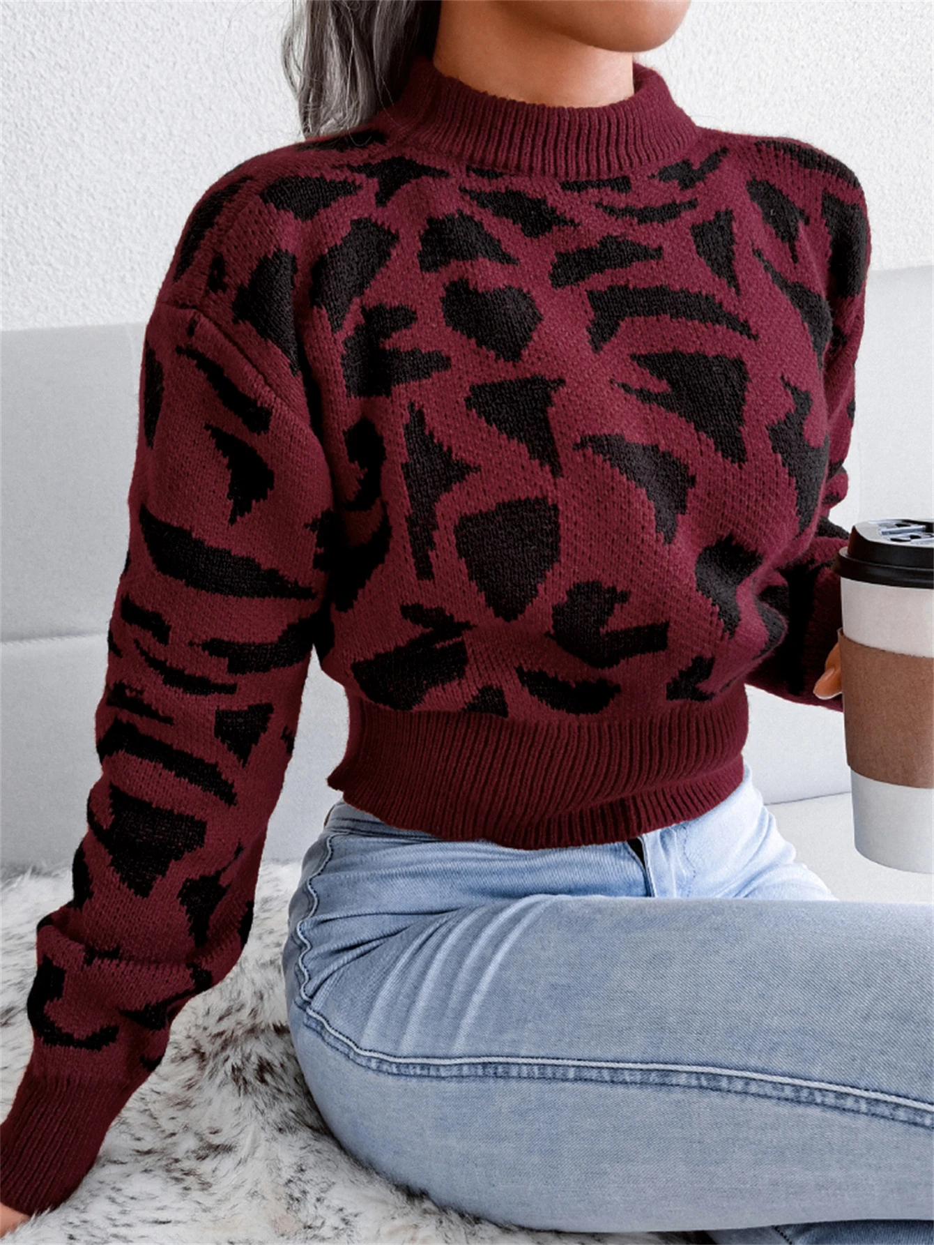 Autumn Winter Round Neck Fashion Leopard Pattern Waist Collection Short Knitted Pullover For Women Sweater Long Sleeve Top Autumn Winter Round Neck Fashion Leopard Pattern Waist Collection Short Knitted Pullover For Women Sweater Long Sleeve Top
