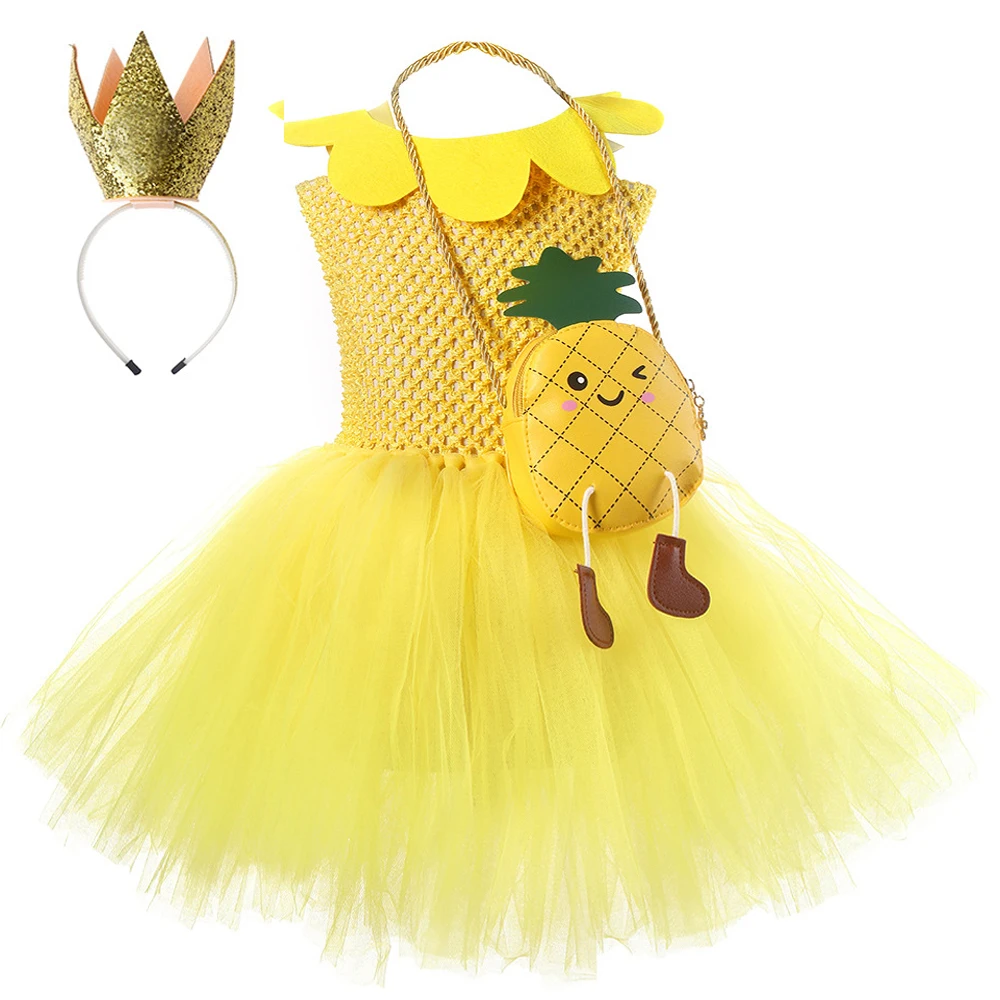 

Baby Girls Yellow Pineapple Tutu Dress for Kids Fruit Birthday Party Costumes Children Chicken Cosplay Outfit with Crown Bag