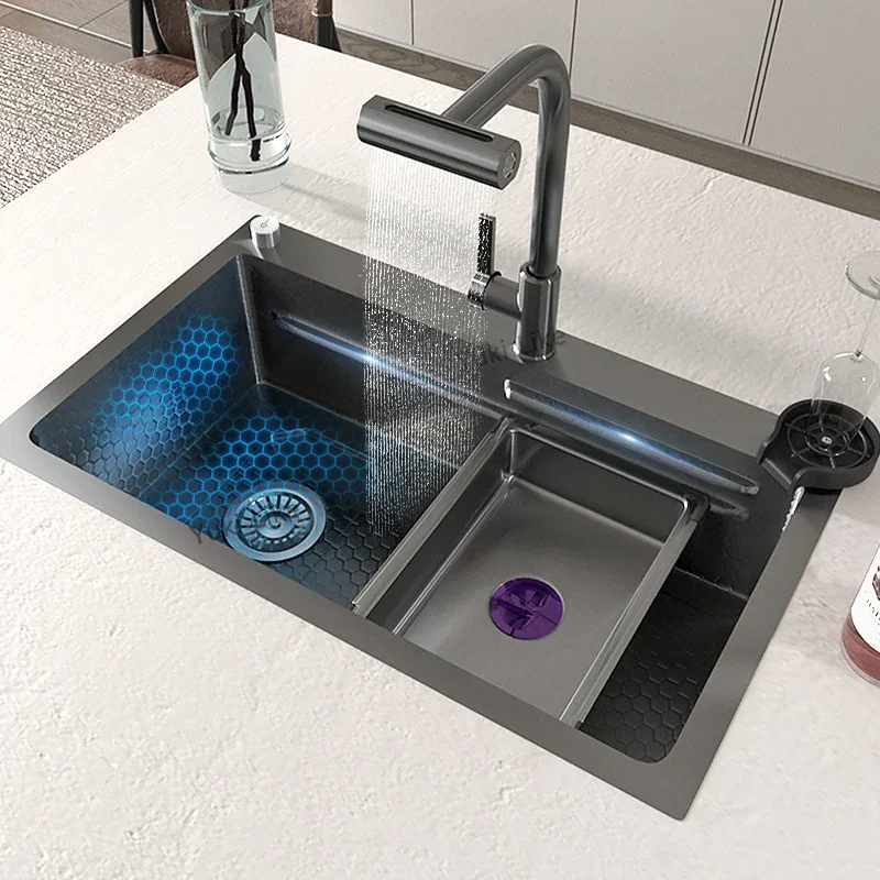

Stainless steel Kitchen Sink Embossed Large Single Slot Washing pond With Kitchen Faucet Wash Basin Water On The Left Side