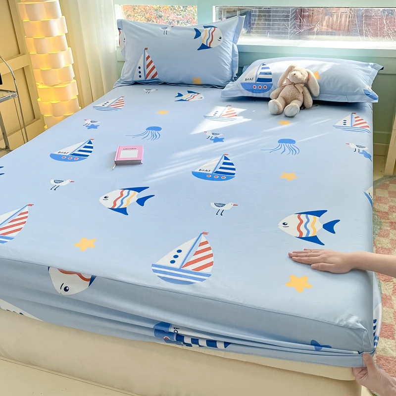 

100% Cotton Printed Cartoon Bed with Elastic Sheets Three Piece Set Beautiful Double Bedspread Mattress Cover Linen Sets Fitted