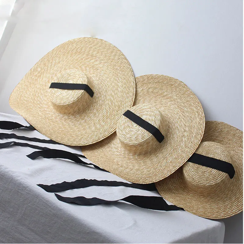 

New Summer Straw Flat Top Large Brim Tie Straw Hat Wide Brim Women's Hat Vintage Stylish Beach Straw Hat Sombrero Mujer Playa