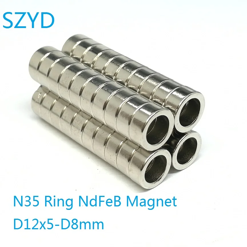 

50 100PCS/LOT N35 Ring NdFeB Magnet 12*5 Hole D8 Strong Standard Size Rare Earth Permanent Neodymium Magnets 12x5-8