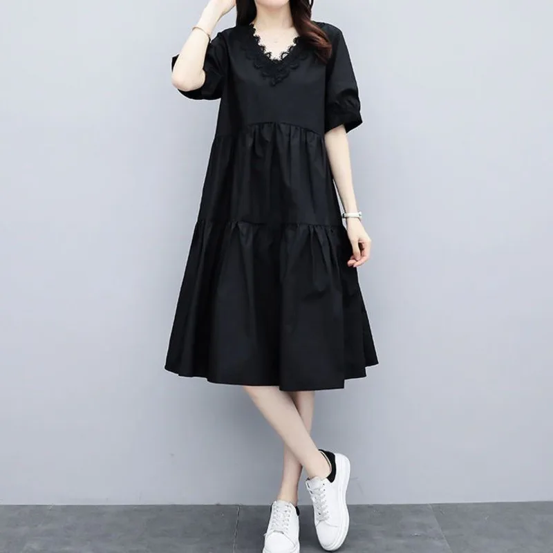 

Women's Dress Fat Sister Oversized Black Spliced Lace V-neck 2023 Summer Casual Loose Mid Length Body Covering A-line Dresses