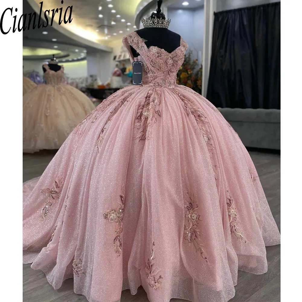 

Pink Pearls Beading Off The Shoulder Ball Gown Quinceanera Dresses Sequined Appliques Lace Pleat Corset Vestido De 15 Anos