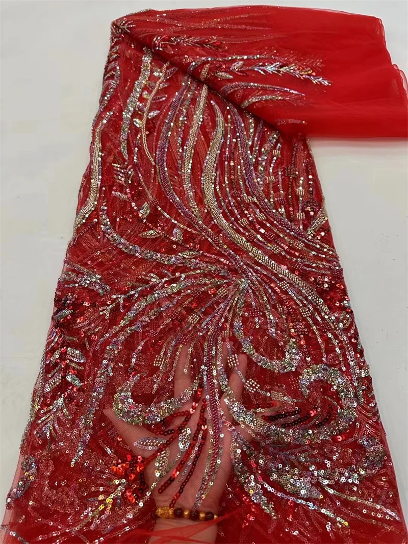 

Tulle Net African Beaded Lace Fabric, Sequin Fabrics for Wedding,Evening Dress Sewing,Red Nigeria,High Quality,5 Yards,2024