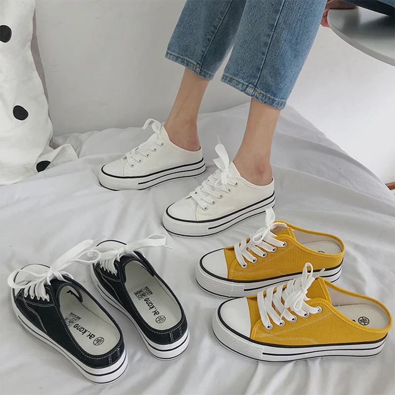 

New Canvas Shoes Women Platform 2023 Half Slippers Wedges High Heels Chunky Shoes Yellow Sneakers Woman Zapatillas Mujer Casual