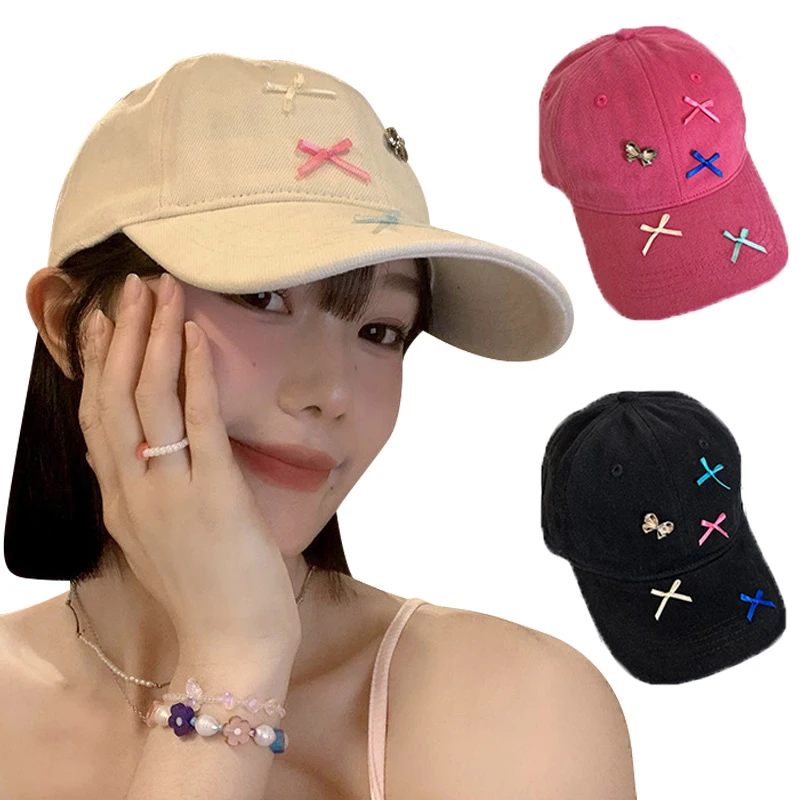 

Bow Baseball Cap for Women Wide Brim Cotton Bowknot Peaked Hat Korean Dopamine Cute Big Head Circumference Adjustable Bows Hats
