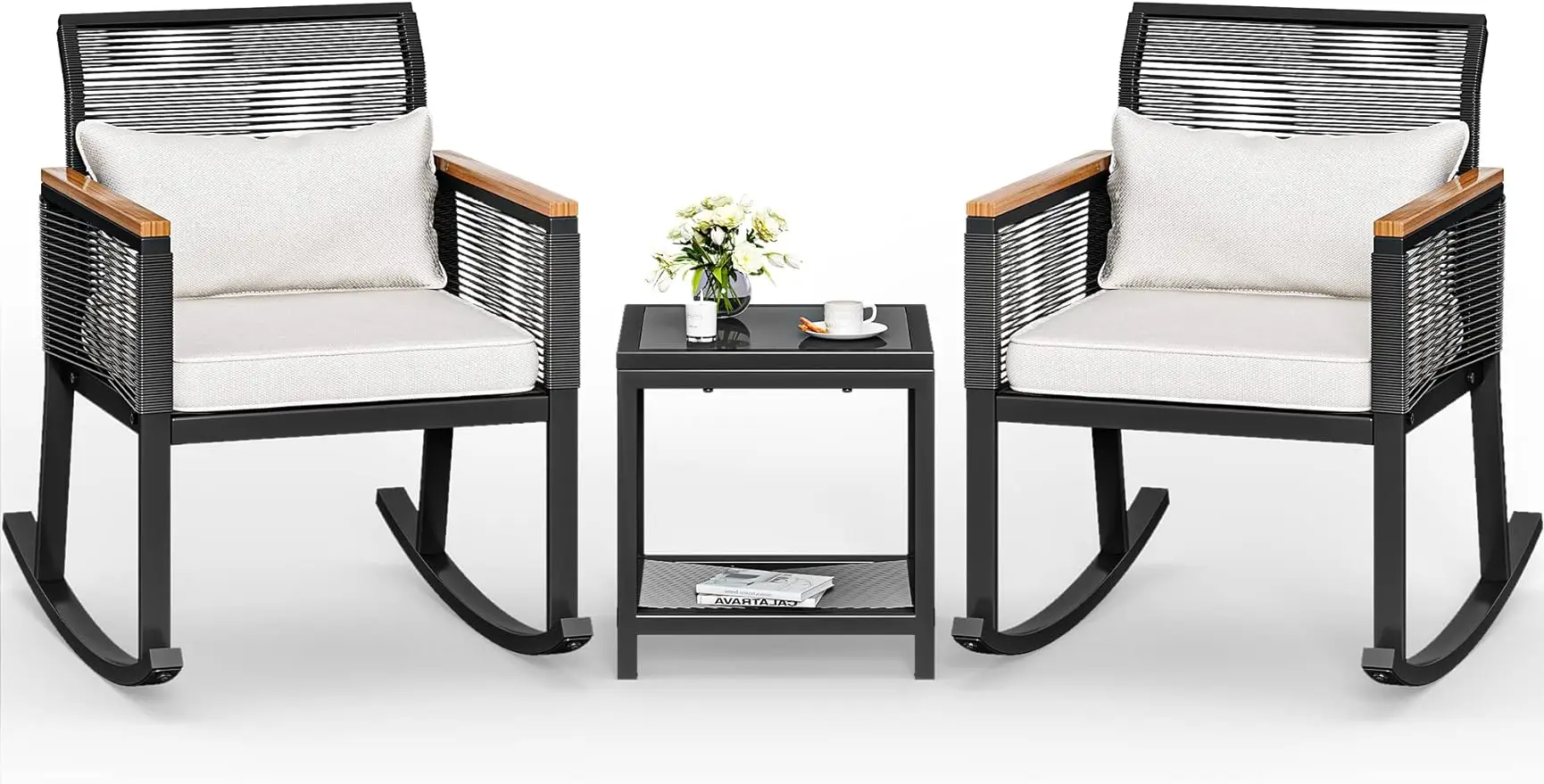 Patio Wicker Rocking Chair Outdoor Conversation Bistro Set with Wood Armrest and Soft Cushions for Balcony, Lawn and Poolside
Patio Wicker Rocking Chair Outdoor Conversation Bistro Set with Wood Armrest and Soft Cushions for Balcony, Lawn and Poolside