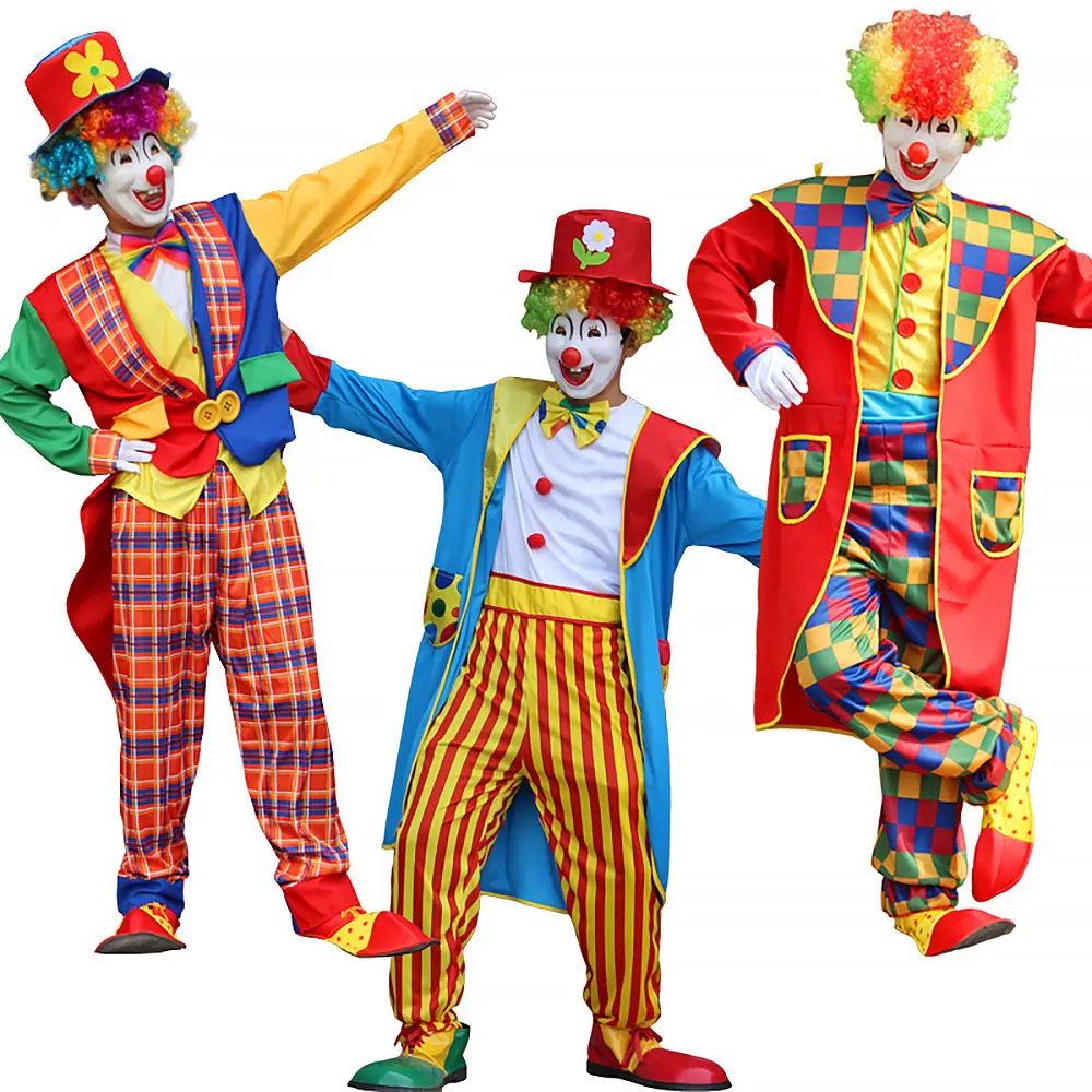 

Adult Men Women Circus Clown Costume Attached Shoes Wig Red Nose Funny Carnival Party Costume