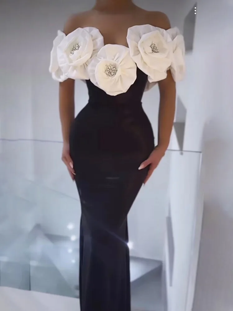 

White Off Shoulder Flower Appliques Sexy Bodycon Bandage Dress Short Sleeve Ankle Length Celebrity Evening Party Prom Dress
