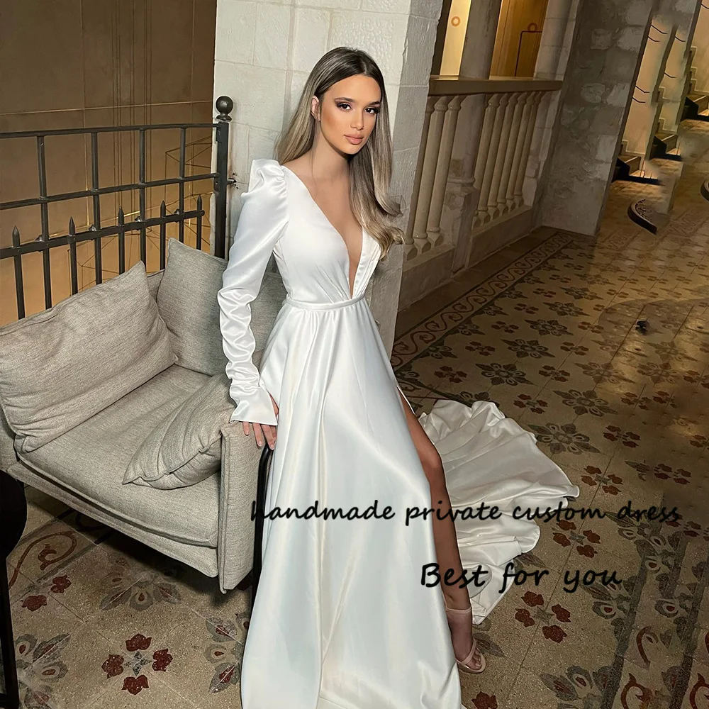 White Sexy Leg Split Wedding Dresses Long Sleeve Mono Satin Israel Bride Dress Beach Wedding Party Gowns with Train
White Sexy Leg Split Wedding Dresses Long Sleeve Mono Satin Israel Bride Dress Beach Wedding Party Gowns with Train