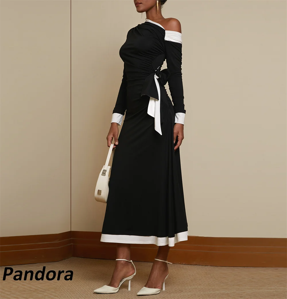 

Pandora Black Contrast Color Evening Gown Pleated A-Line with Bow Belt Women's wedding Banquet Party Dress