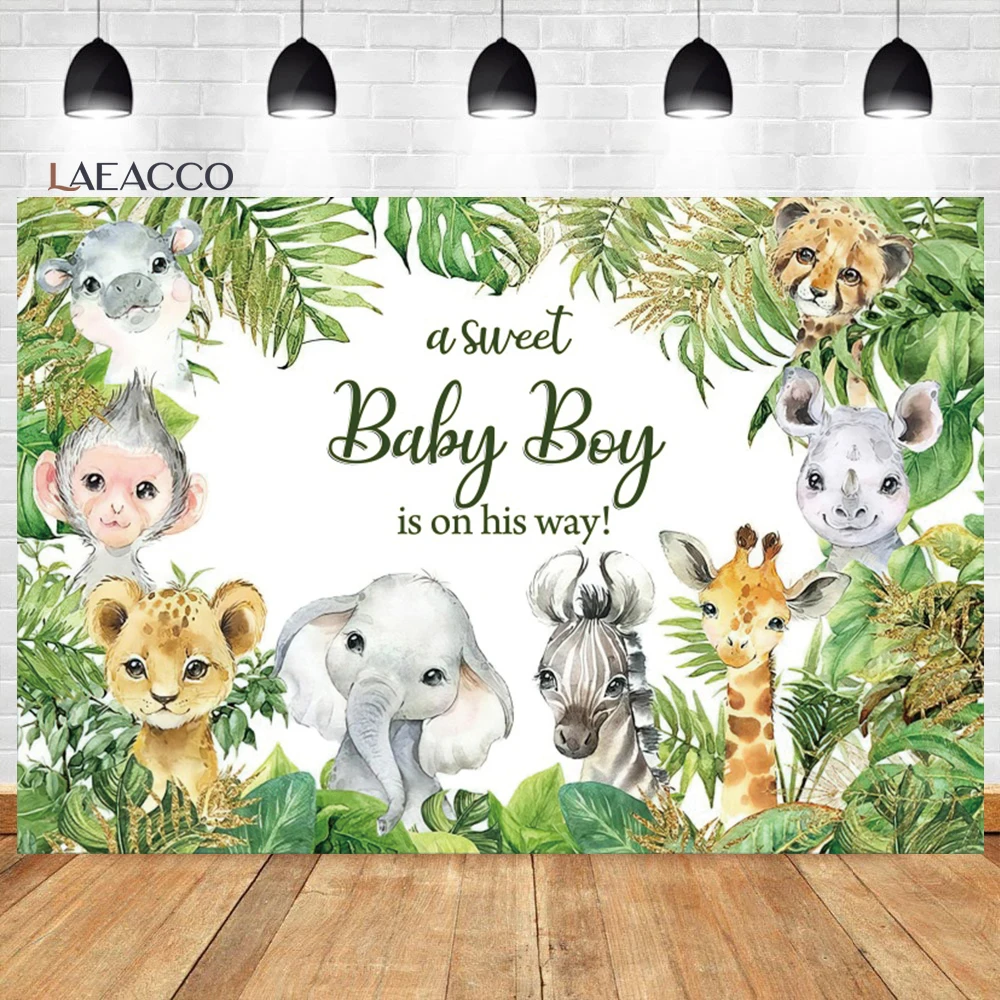 

Laeacco Safari Baby Shower Backdrop Tropical Jungle Leaf Cute Wild Animal Kid Newborn Portrait Customized Photography Background